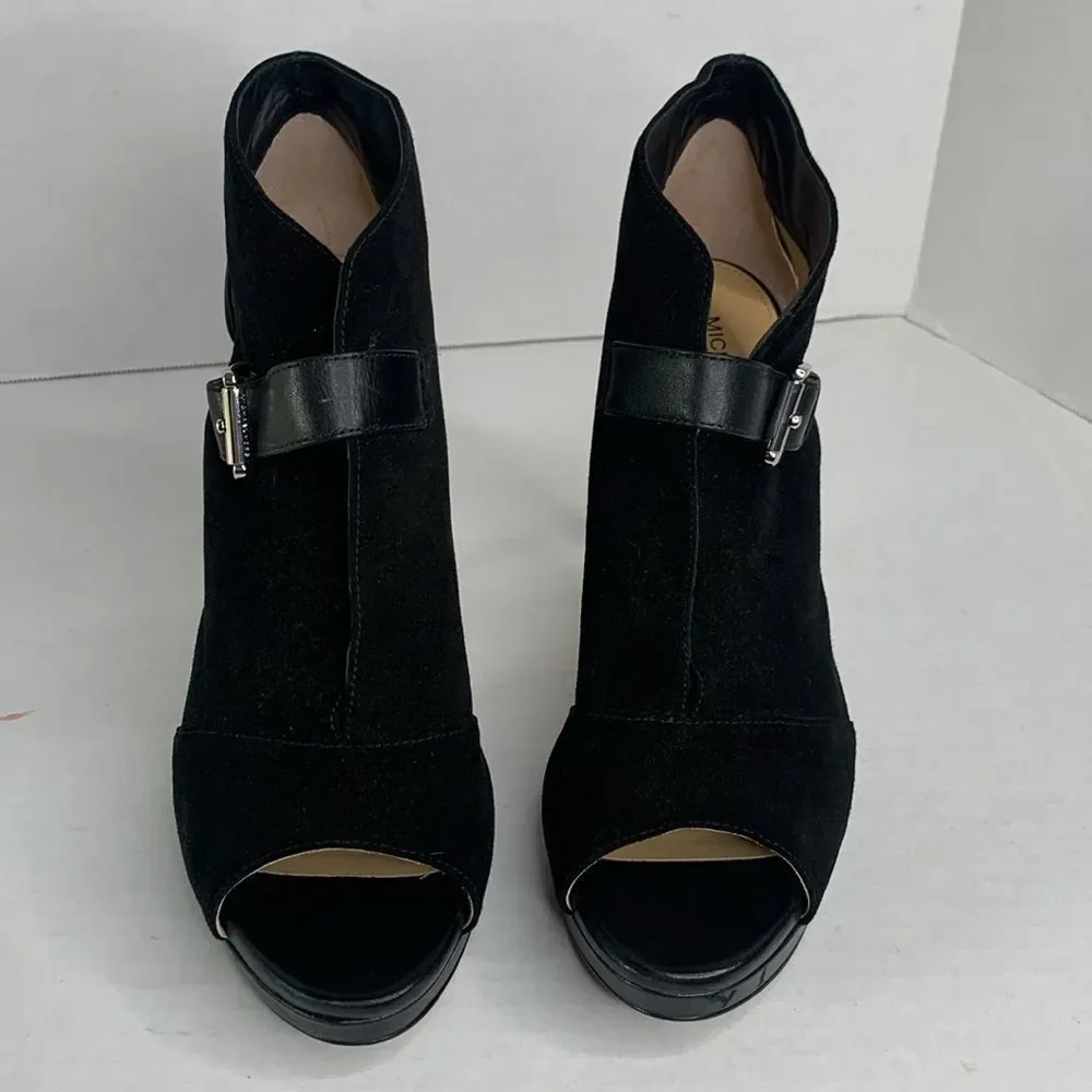 Michael Kors Isabella black suede leather peep toe heeled ankle booties NWOT - Picture 5 of 11